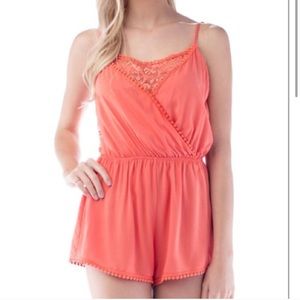 2/$40 Coral Lace Surplice Spaghetti Strap Romper